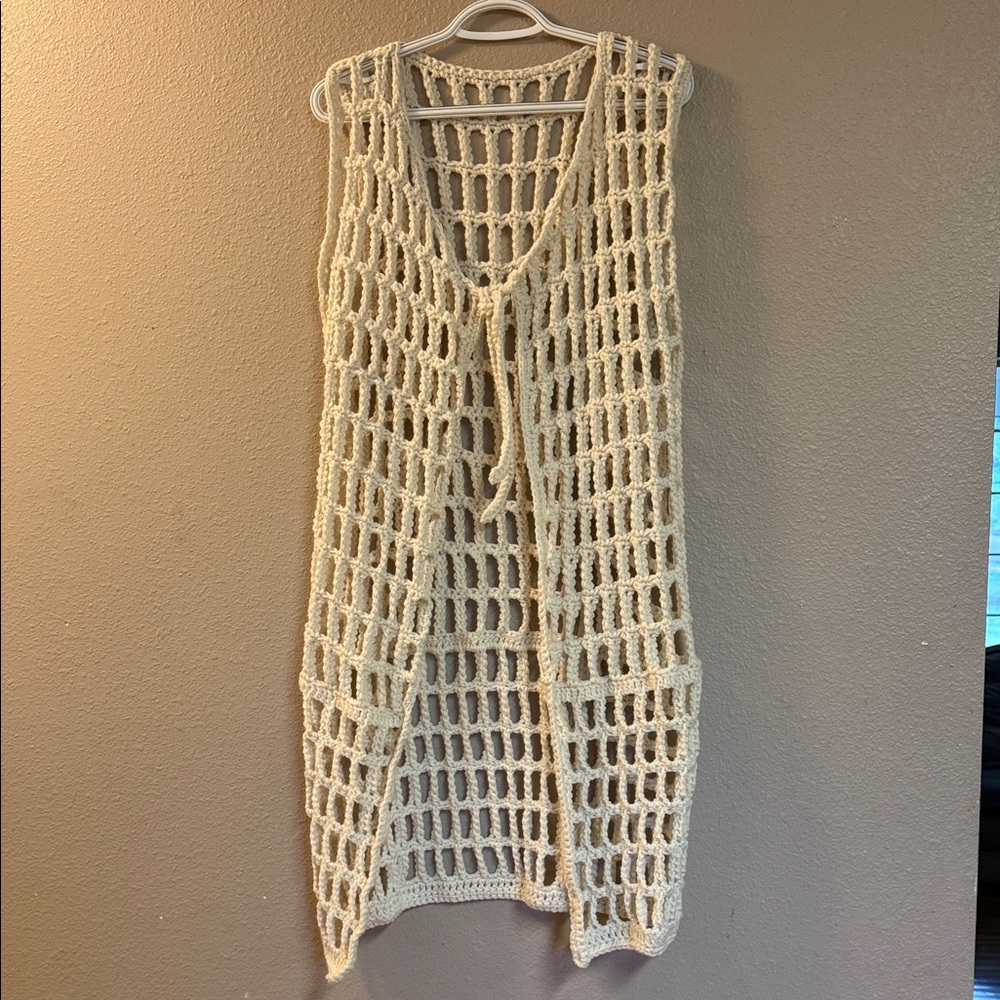 Cream Crochet Open-Weave Long Vest with Tie Front
